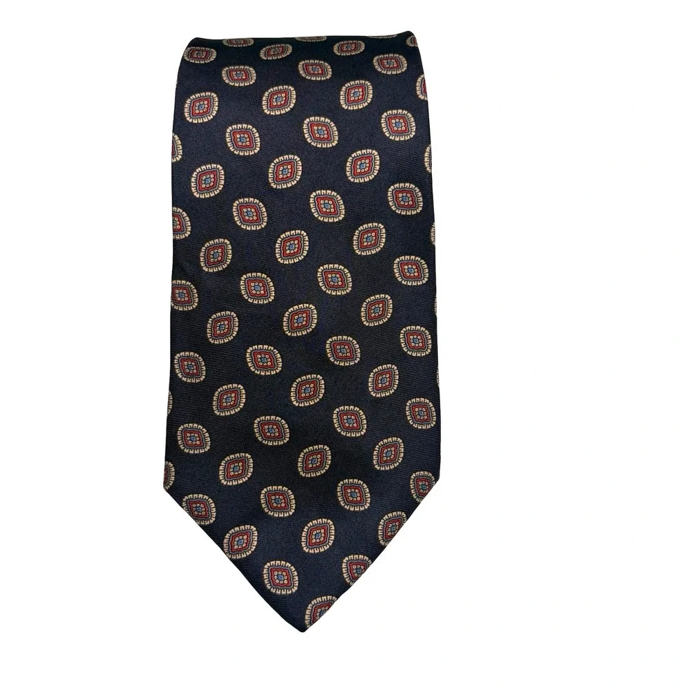 Oscar de la Renta Couture Silk Necktie Navy Red Geometric Medallion Italy Luxury